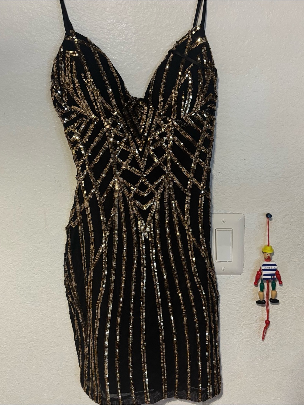 Windsor Black Mini Dress with Gold Sequin Geometric Design